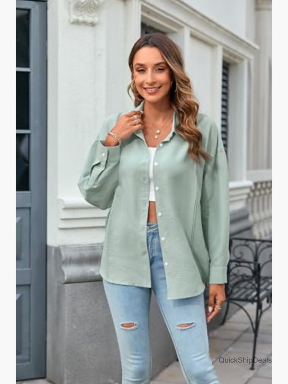 Oversized Button Down Shirt Long Sleeve Gauze Blouse Casual Dressy - Picture 3 of 7